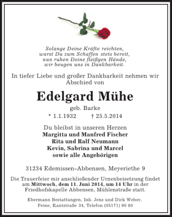 Traueranzeige von Edelgard Mühe von Peiner Allgemeine Zeitung