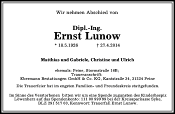 Traueranzeige von Ernst Lunow von Peiner Allgemeine Zeitung
