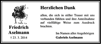 Traueranzeige von Friedrich Aselmann von Peiner Allgemeine Zeitung