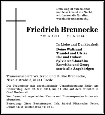 Traueranzeige von Friedrich Brennecke von Peiner Allgemeine Zeitung