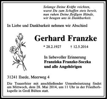 Traueranzeige von Gerhard Franzke von Peiner Allgemeine Zeitung