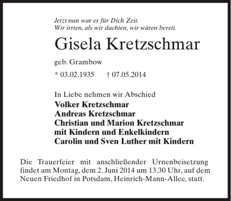  Traueranzeige für Gisela Kretzschmar vom 24.05.2014 aus MAZ-Trauer.de