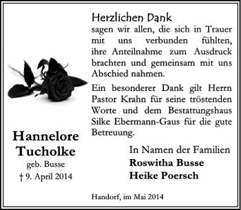 Traueranzeige von Hannelore Tucholke von Peiner Allgemeine Zeitung