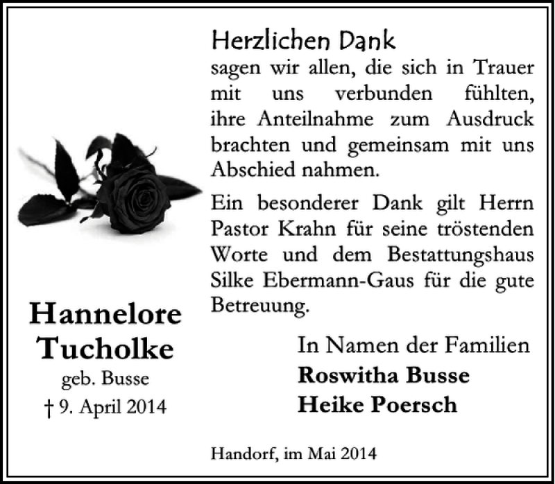  Traueranzeige für Hannelore Tucholke vom 14.05.2014 aus Peiner Allgemeine Zeitung