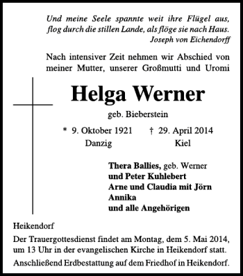 Traueranzeige von Helga Werner von Kieler Nachrichten / Segeberger Zeitung