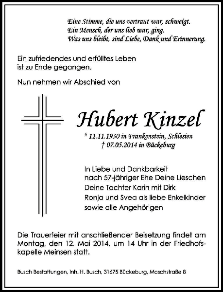 Traueranzeigen von Hubert Kinzel | trauer-anzeigen.de