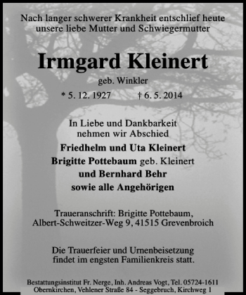 Traueranzeige von Irmgard Kleinert von Schaumburger Nachrichten