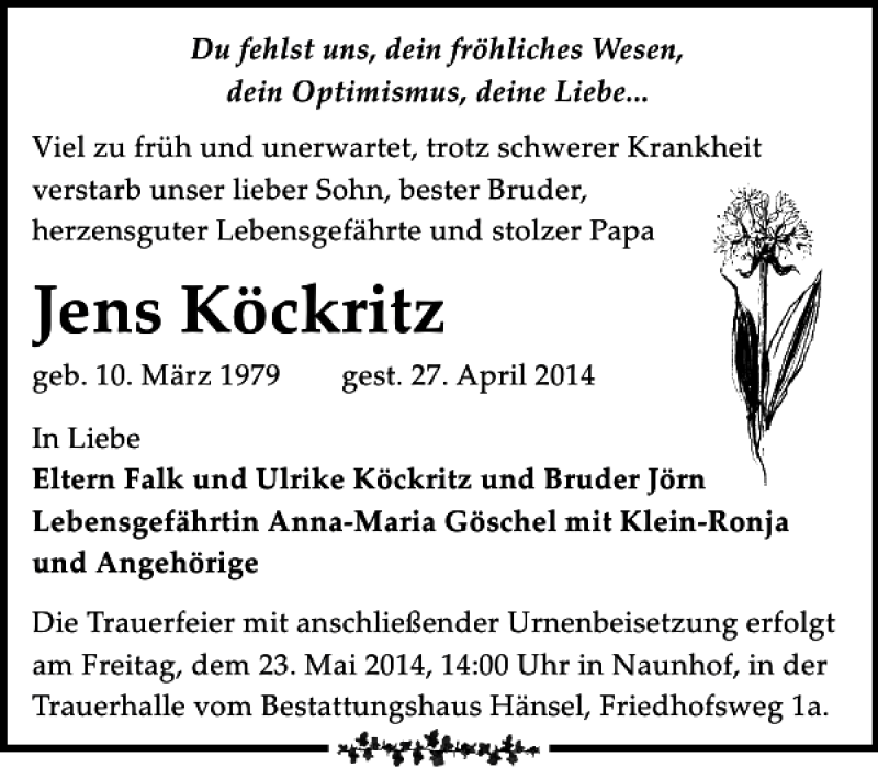  Traueranzeige für Jens Köckritz vom 10.05.2014 aus Leipziger Volkszeitung
