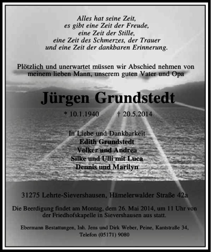  Traueranzeige für Jürgen Grundstedt vom 23.05.2014 aus Peiner Allgemeine Zeitung