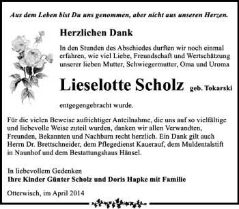 Traueranzeige von Lieselotte Scholz von Leipziger Volkszeitung