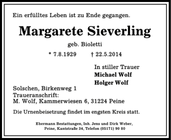Traueranzeige von Margarete Sieverling von Peiner Allgemeine Zeitung