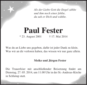 Traueranzeige von Paul Fester von Lübecker Nachrichten