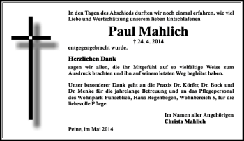 Traueranzeige von Paul Mahlich von Peiner Allgemeine Zeitung