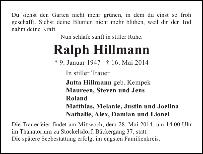  Traueranzeige für Ralph Hillmann vom 25.05.2014 aus Lübecker Nachrichten