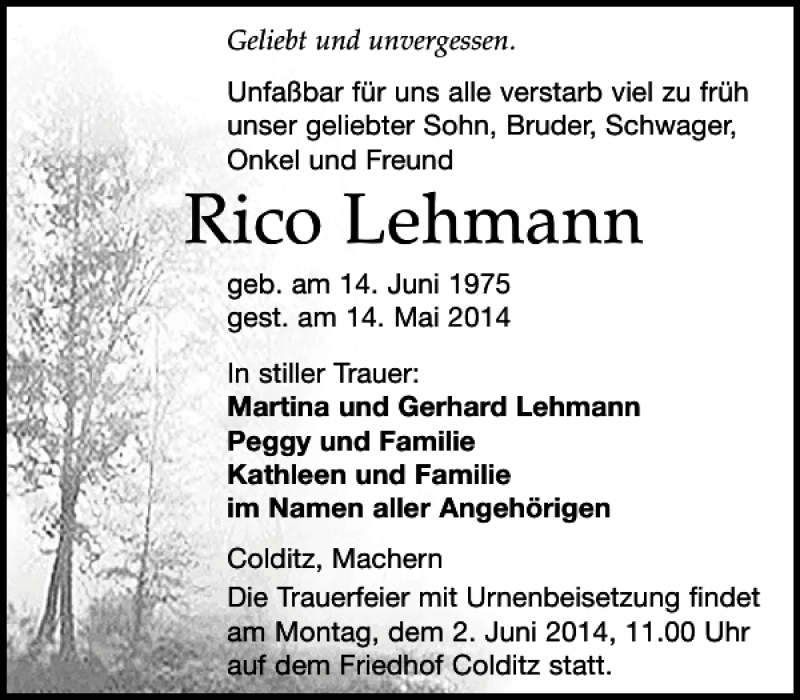  Traueranzeige für Rico Lehmann vom 17.05.2014 aus Leipziger Volkszeitung