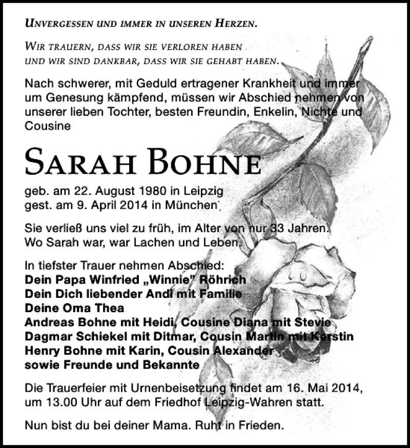  Traueranzeige für Sarah Bohne vom 10.05.2014 aus Leipziger Volkszeitung