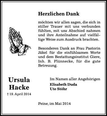 Traueranzeige von Ursula Hacke von Peiner Allgemeine Zeitung