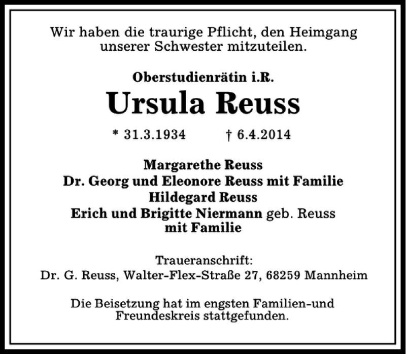 Traueranzeige für Ursula Reuss vom 20.05.2014 aus Peiner Allgemeine Zeitung