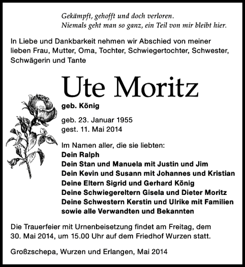  Traueranzeige für Ute Moritz vom 17.05.2014 aus Leipziger Volkszeitung
