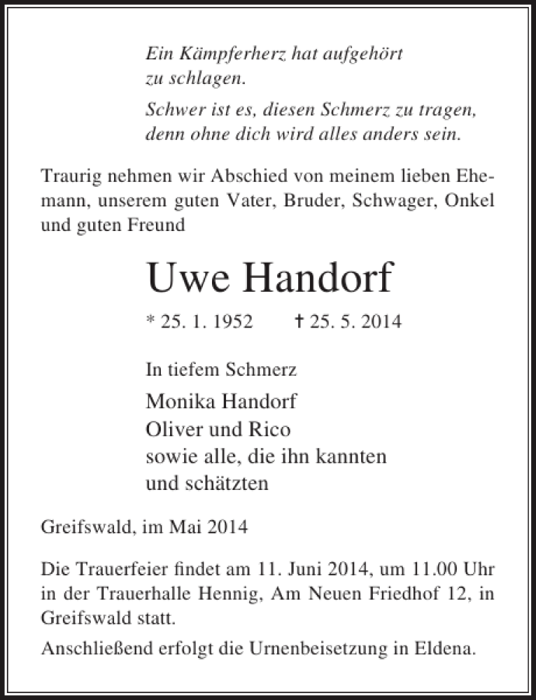  Traueranzeige für Uwe Handorf vom 31.05.2014 aus Ostsee-Zeitung
