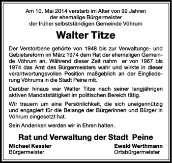 Traueranzeige von Walter Titze von Peiner Allgemeine Zeitung