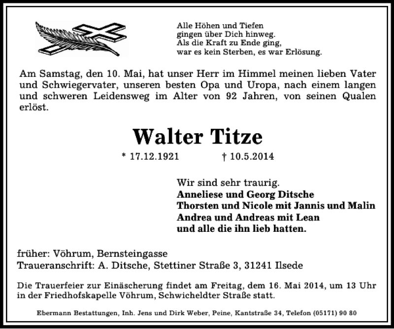  Traueranzeige für Walter Titze vom 13.05.2014 aus Peiner Allgemeine Zeitung