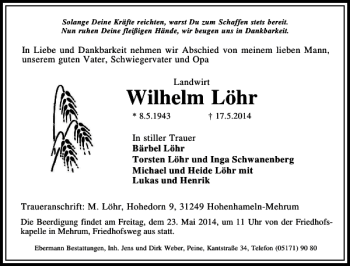 Traueranzeige von Wilhelm Löhr von Peiner Allgemeine Zeitung