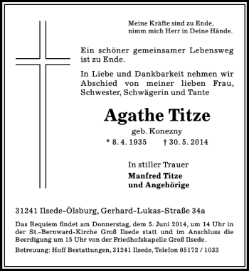 Traueranzeige von Agathe Titze von Peiner Allgemeine Zeitung