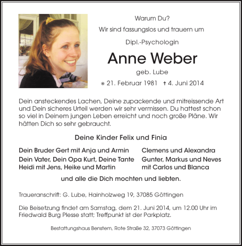  Traueranzeige für Anne Weber vom 14.06.2014 aus Göttinger Tageblatt