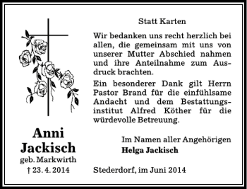 Traueranzeige von Anni Jackisch von Peiner Allgemeine Zeitung
