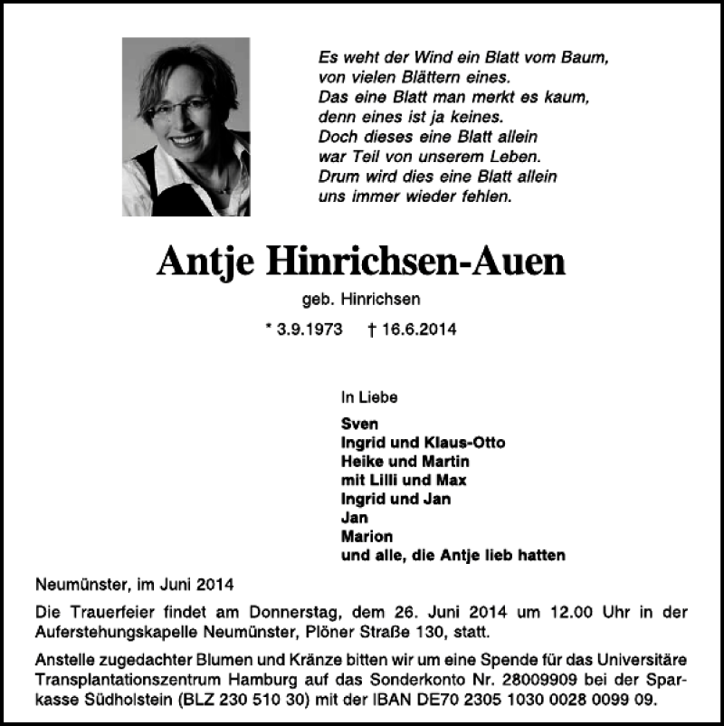  Traueranzeige für Antje Hinrichsen-Auen vom 21.06.2014 aus Kieler Nachrichten / Segeberger Zeitung