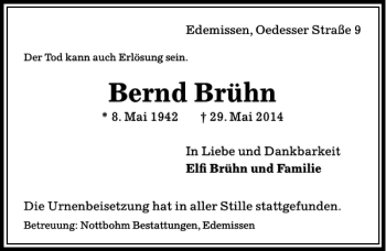 Traueranzeige von Bernd Brühn von Peiner Allgemeine Zeitung