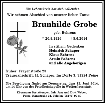 Traueranzeige von Brunhilde Grobe von Peiner Allgemeine Zeitung