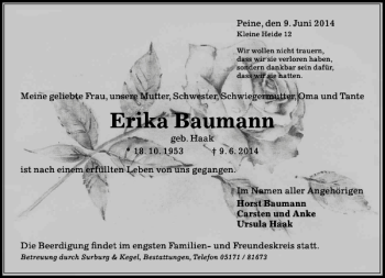 Traueranzeige von Erika Baumann von Peiner Allgemeine Zeitung