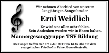 Traueranzeige von Erni Weidlich von Peiner Allgemeine Zeitung