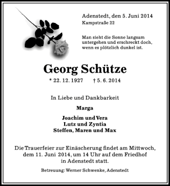 Traueranzeige von Georg Schütze von Peiner Allgemeine Zeitung