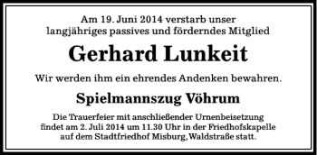 Traueranzeige von Gerhard Lunkeit von Peiner Allgemeine Zeitung