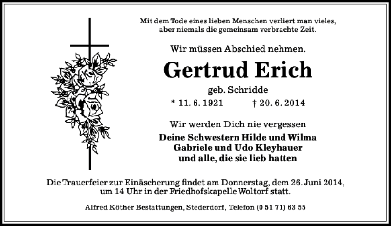  Traueranzeige für Gertrud Erich vom 23.06.2014 aus Peiner Allgemeine Zeitung
