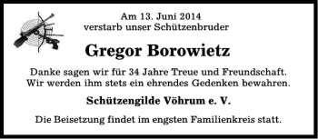 Traueranzeige von Gregor Borowietz von Peiner Allgemeine Zeitung
