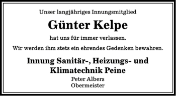 Traueranzeige von Günter Kelpe von Peiner Allgemeine Zeitung