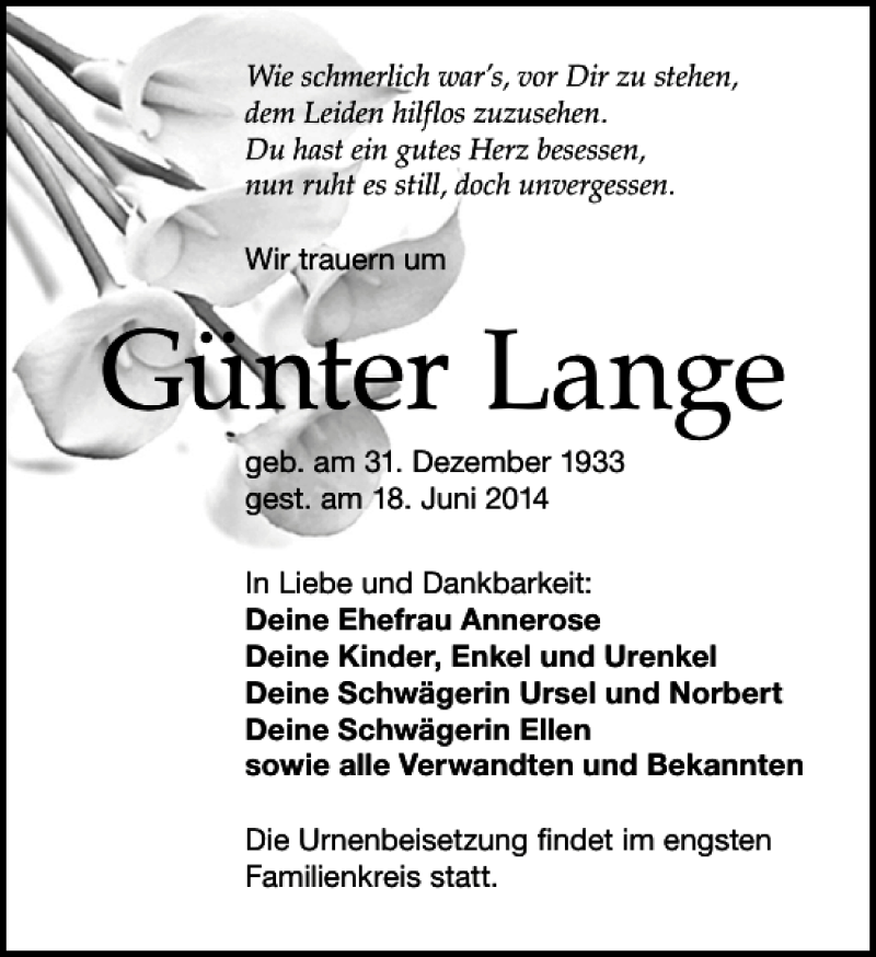  Traueranzeige für Günter Lange vom 21.06.2014 aus Leipziger Volkszeitung