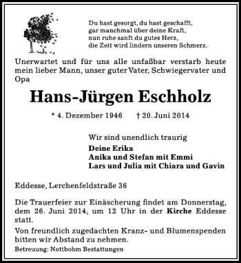 Traueranzeige von Hans-Jürgen Eschholz von Peiner Allgemeine Zeitung