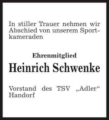 Traueranzeige von Heinrich Schwenke von Peiner Allgemeine Zeitung