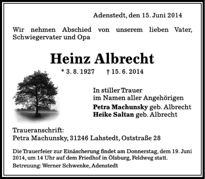  Traueranzeige für Heinz Albrecht vom 17.06.2014 aus Peiner Allgemeine Zeitung