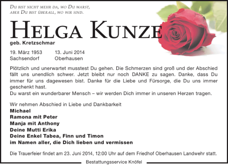  Traueranzeige für Helga Kunze vom 18.06.2014 aus Leipziger Volkszeitung