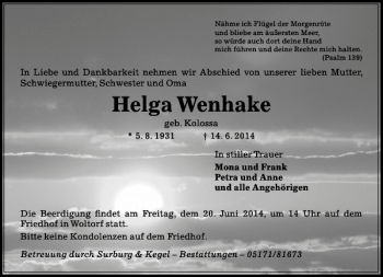 Traueranzeige von Helga Wenhake von Peiner Allgemeine Zeitung