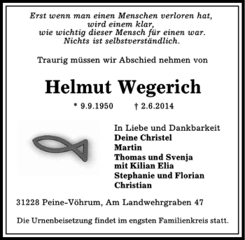 Traueranzeige von Helmut Wegerich von Peiner Allgemeine Zeitung