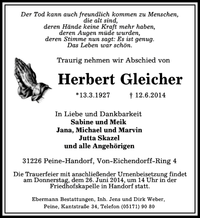  Traueranzeige für Herbert Gleicher vom 18.06.2014 aus Peiner Allgemeine Zeitung