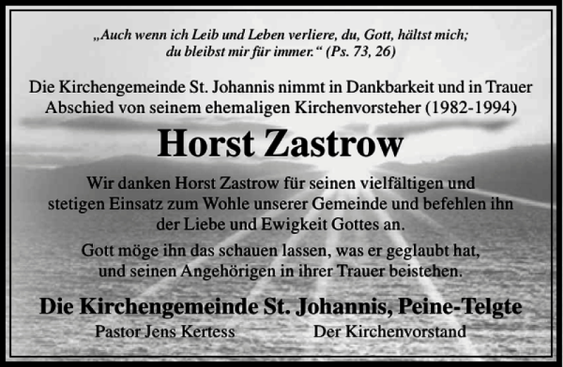  Traueranzeige für Horst Zastrow vom 07.06.2014 aus Peiner Allgemeine Zeitung
