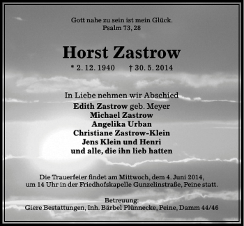 Traueranzeige von Horst Zastrow von Peiner Allgemeine Zeitung